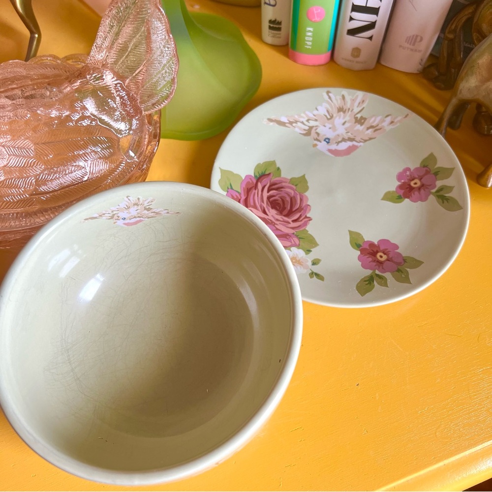 Songbird Garden by Rosie B. Farmer Bowl And Small Plate Sets Pink Blue Green - Picture 4 of 13